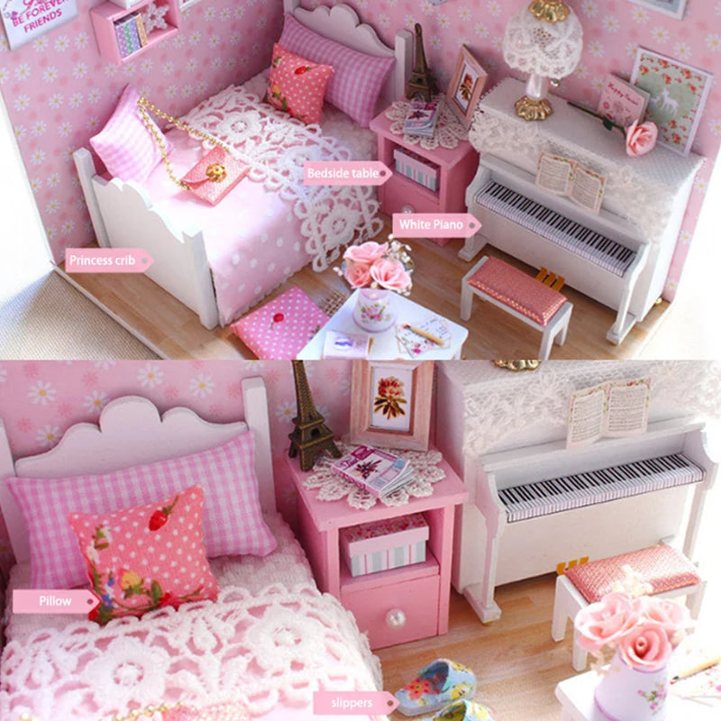 Kitten Mini Doll House Model Building Assembled House Home Kit Creative Room Bedroom Decoration with Furniture Birthday Gifts
