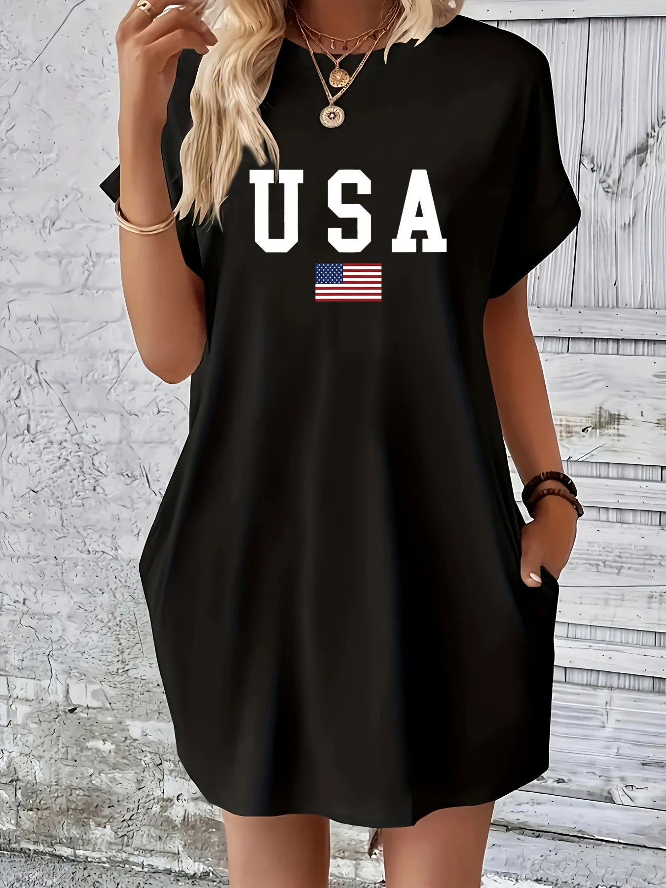 Women's summer loose classic USA flag print round neck short sleeved pocket comfortable casual dress