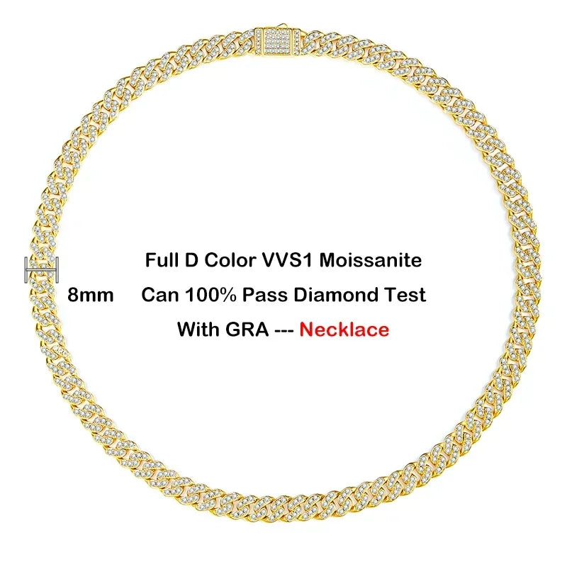 EWYA Full Moissanite Cuban Neck Chain Necklace for Men Women 8mm S925 Silver Plated 18K Hip Hop Pass Diamond Test Link Necklaces