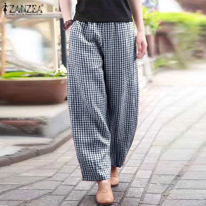 ZANZEA 2025 Plaid Pants Women Fashion Lantern Pants Casual Loose Long Trouser Summer Pockets Elastic Waist Bottoms Oversized