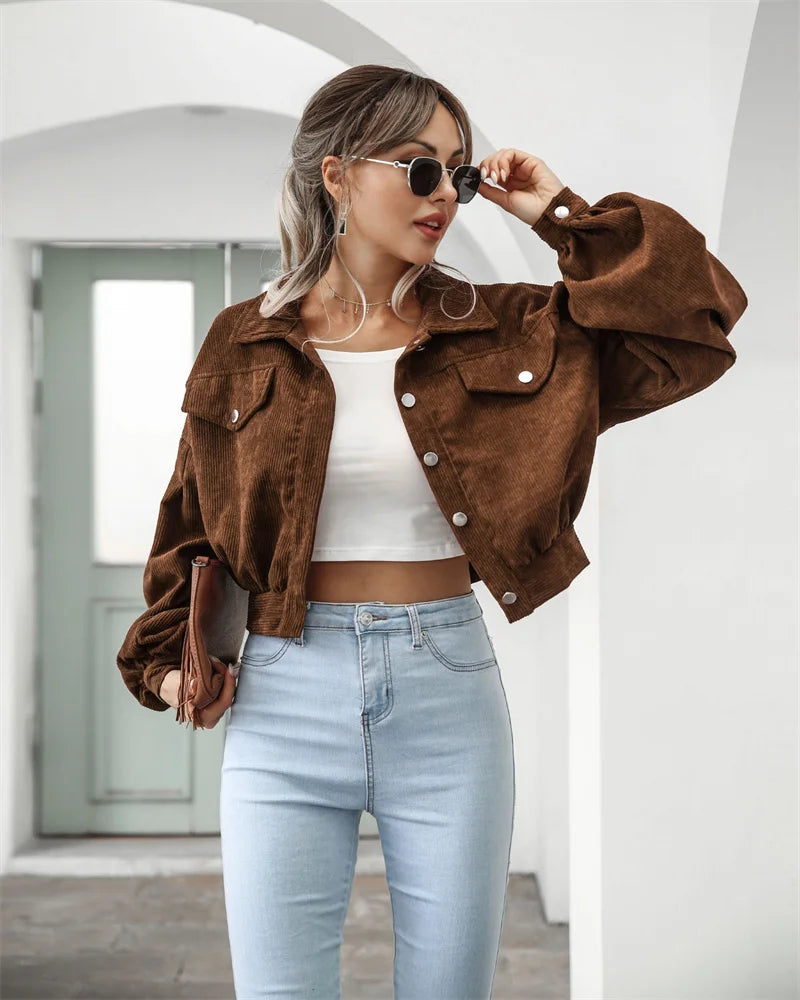 2023 Corduroy Short Jacket Women Loose Tops Spring Autumn Turndown Collar Lantern Sleeve Casual Coat Lady Streetwear Outerwear