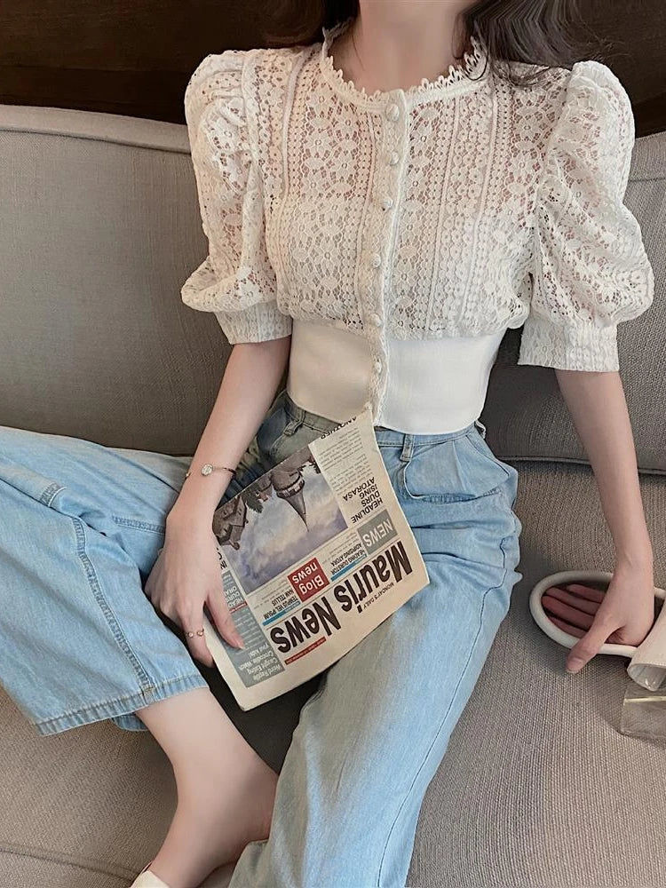 Woherb Sweet Crochet Top Blouse Women Sexy Hollow Out Shirt Vintage Puff Sleeve Korean Shirts Fashion Chic Tops Blusas