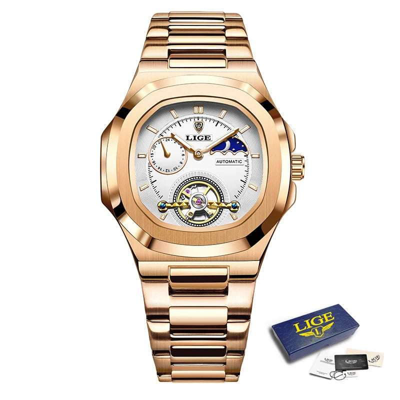 LIGE 2024 Automatic Mens Watch Fashion Stainless Steel Luxury Watches Men Waterproof Luminous Tourbillon Wristwatch Reloj Hombre
