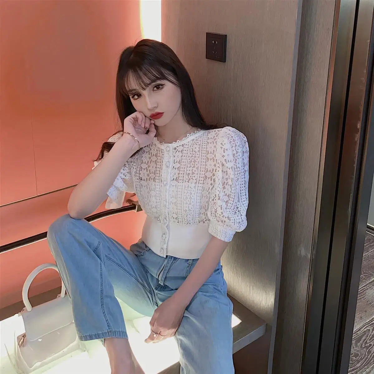 Woherb Sweet Crochet Top Blouse Women Sexy Hollow Out Shirt Vintage Puff Sleeve Korean Shirts Fashion Chic Tops Blusas