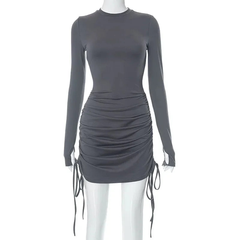 Y2k Summer Fashion Sexy Party Vestidos Ruched O Neck Long Sleeve Bodycon Dress Women Drawstring Bandage Mini Dresses