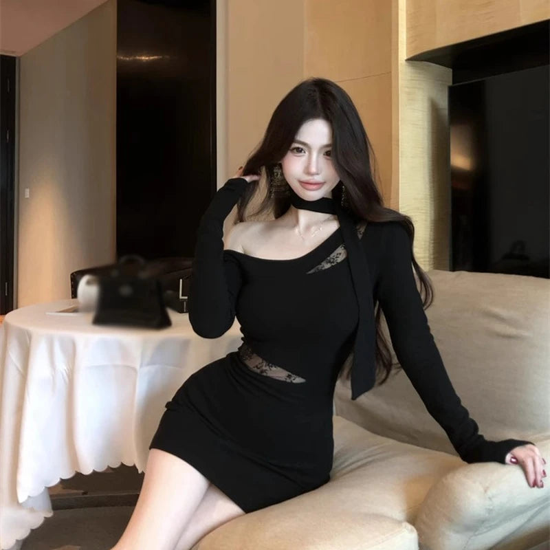 Women Slant Collar Strapless Asymmetric Long-sleeved Dress Korean Lace Splicing Sexy Mini Dress Black