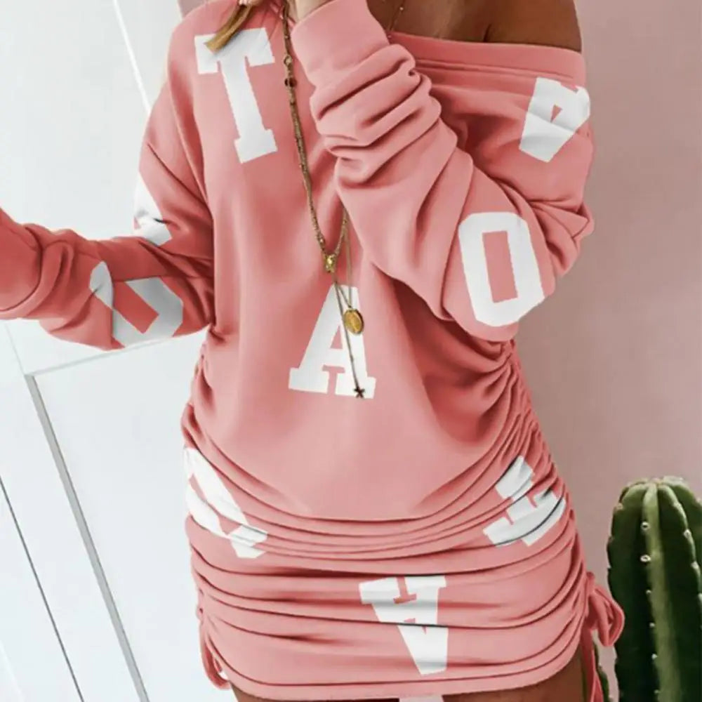 Women Sweater Dress Long Sleeve One Shoulder Drawstring Bodycon Ladies' Autumn Winter Dress Pleated Sexy Hip Hugging Dress