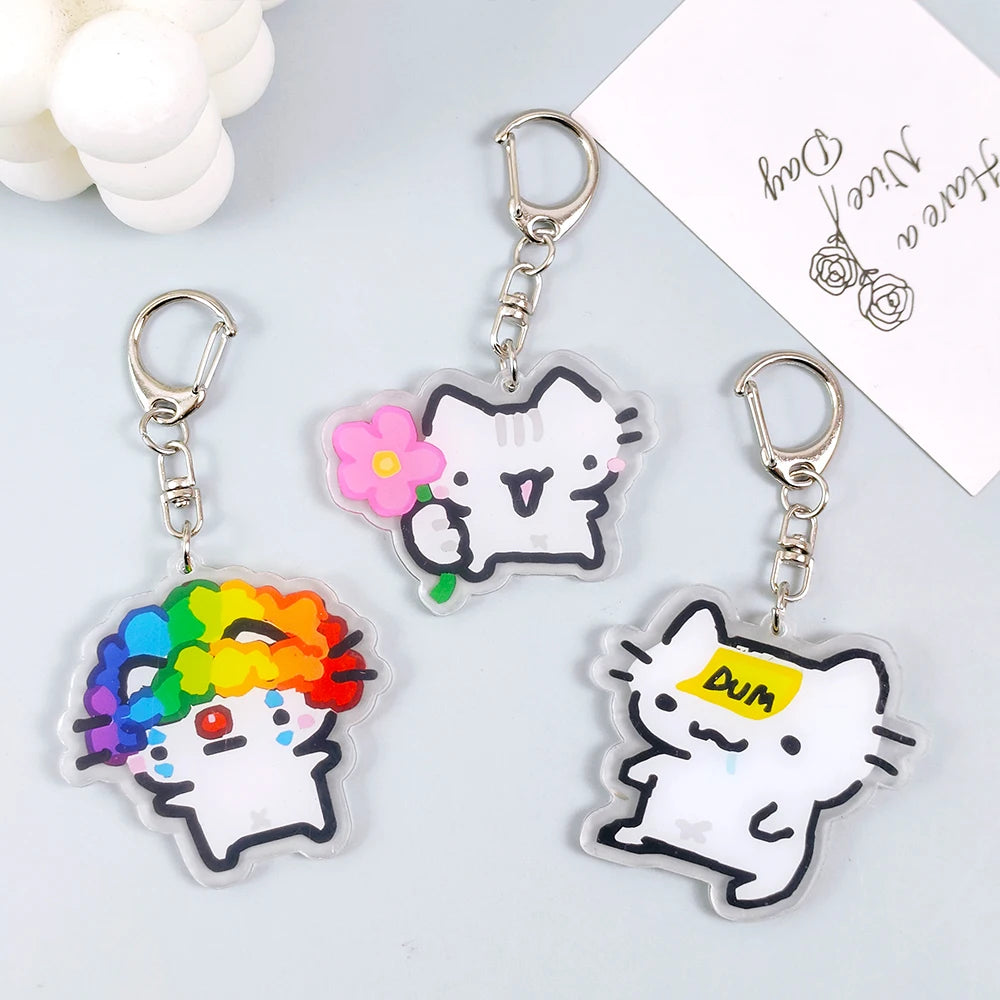 Lovely Pet Kitten with Flower Keychains Cartoon Strawberry Cat Keyring Creative Backpack Pendant Key Chain Fans Friends Gifts