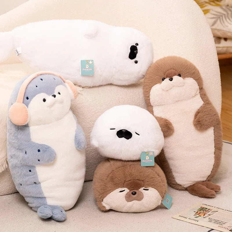 High Quality Genuine Kawaii Cartoon Sea Creature Otter Plush Doll Pillow Headset Blue Seal Otter Stuffed Animal Birthday Gift