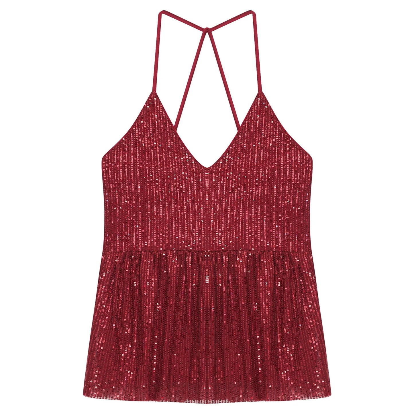 Women Sequin Tank Top Sparkling Slim Fit Blouse V Neck Cross Spaghetti Straps Open Back Ruffle Hem Vest Sparkle Slim Fit Cami