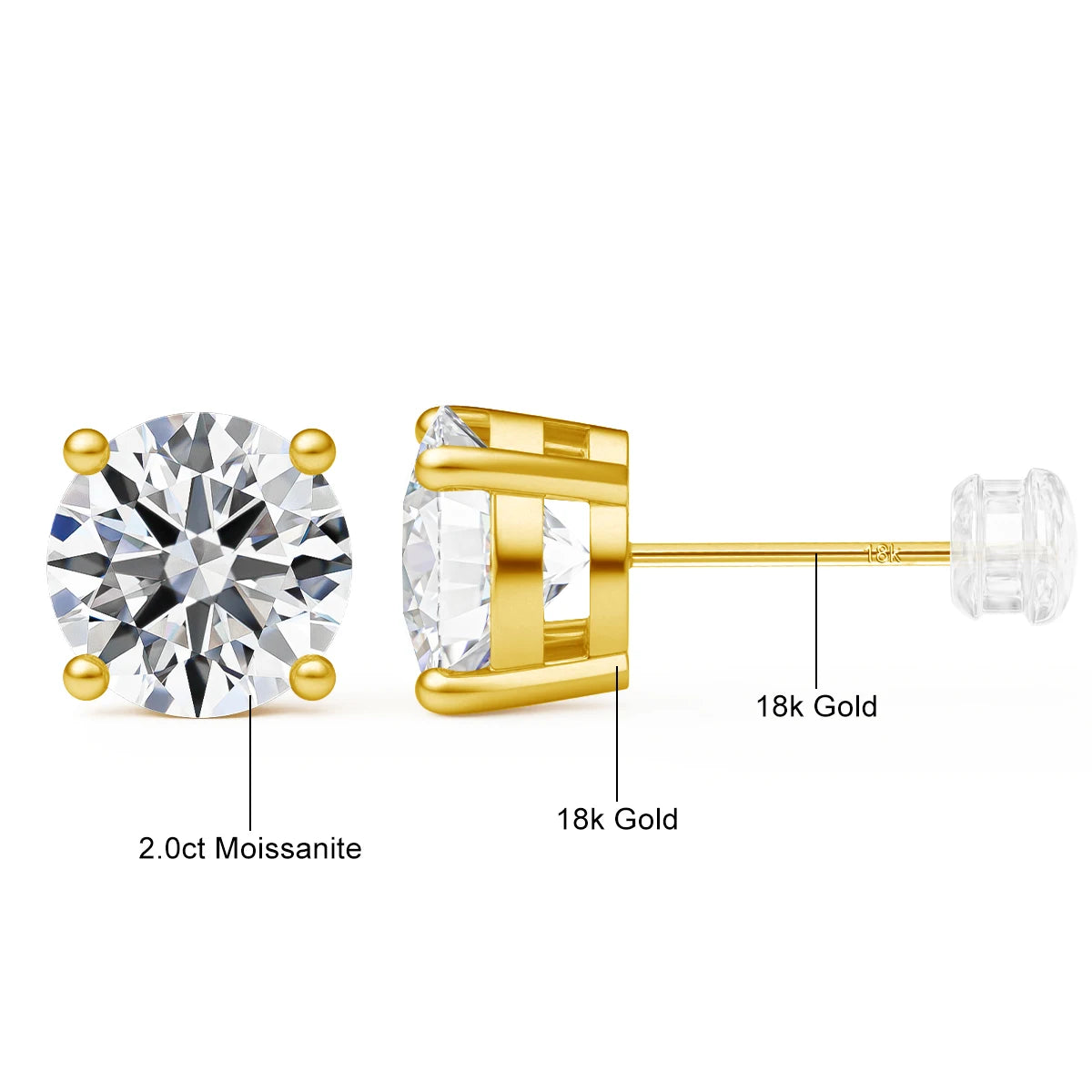 18K Gold D Color Moissanite Stud Earrings Hypoallergenic Round Lab Grown Diamond Ear Studs For Women Man Simple High-end Jewelry