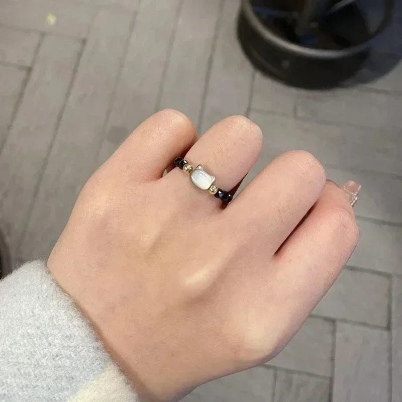 2pcs Natural Moonstone Obsidian Rings Beads Minimalist Ring Cute Black White Cat Ring Women Men Party Accessories Jewelry
