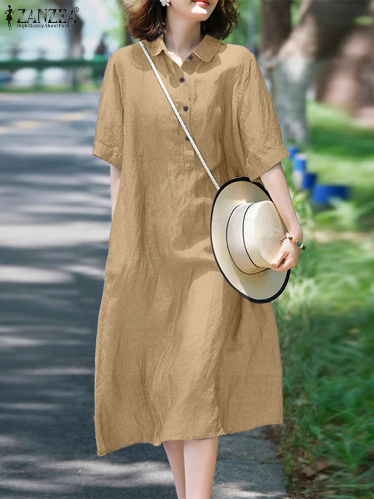 ZANZEA Women Fashion Shirt Dress 2025 Summer Sundress Lapel Neck Short Sleeve OL Work Dresses Casual Buttons Midi Vestidos Robe