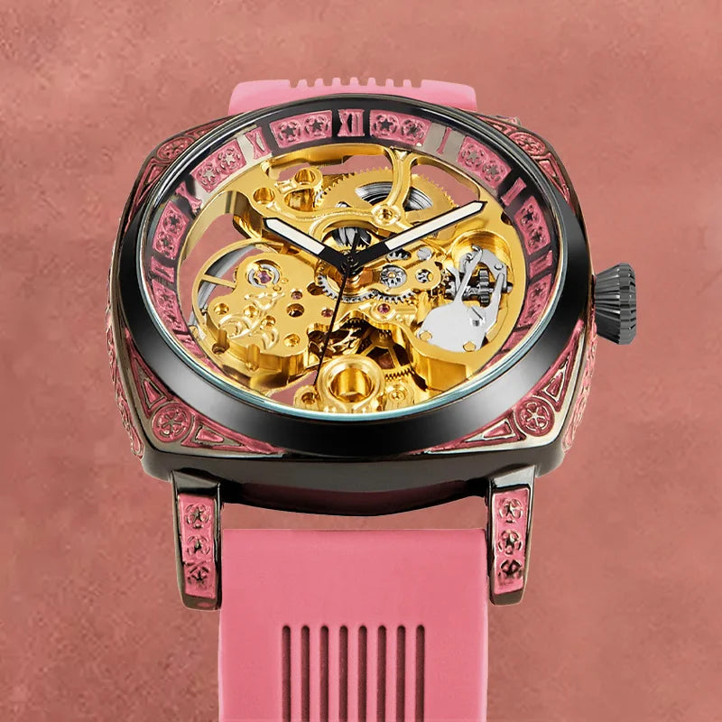 A women's pink tape fashionable Roman numeral tourbillon automatic mechanical watch