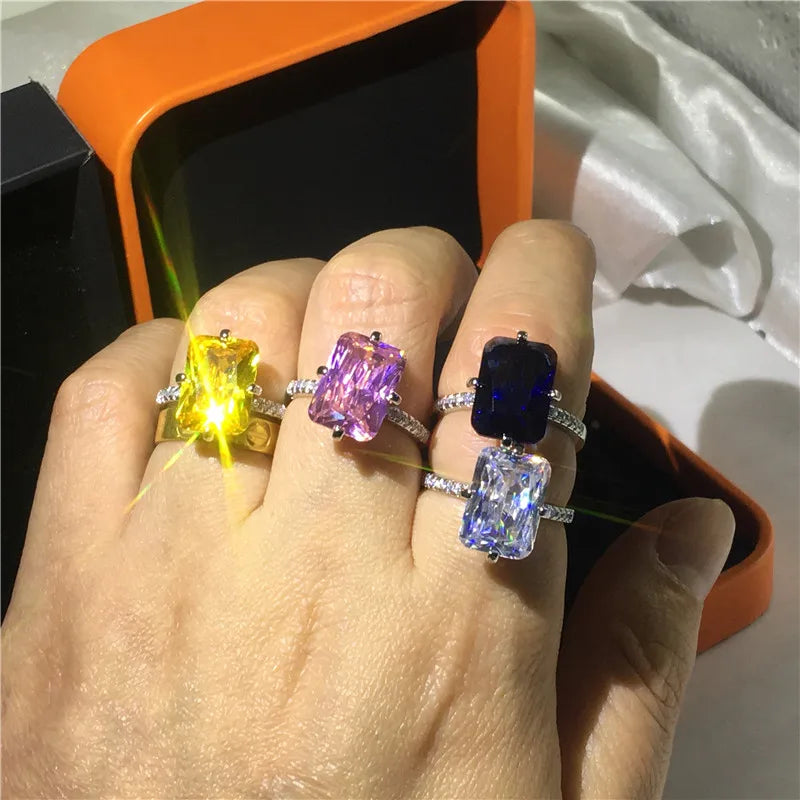 ラグジュアリー スクエア 5カラット ラボサファイア トパーズ ダイヤモンド リング 925スターリングシルバー 婚約指輪 結婚指輪 レディース メンズ パーティージュエリー ギフト