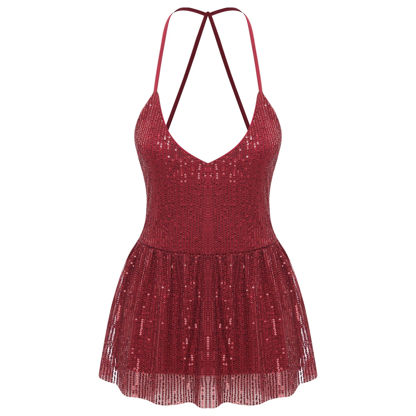 Women Sequin Tank Top Sparkling Slim Fit Blouse V Neck Cross Spaghetti Straps Open Back Ruffle Hem Vest Sparkle Slim Fit Cami