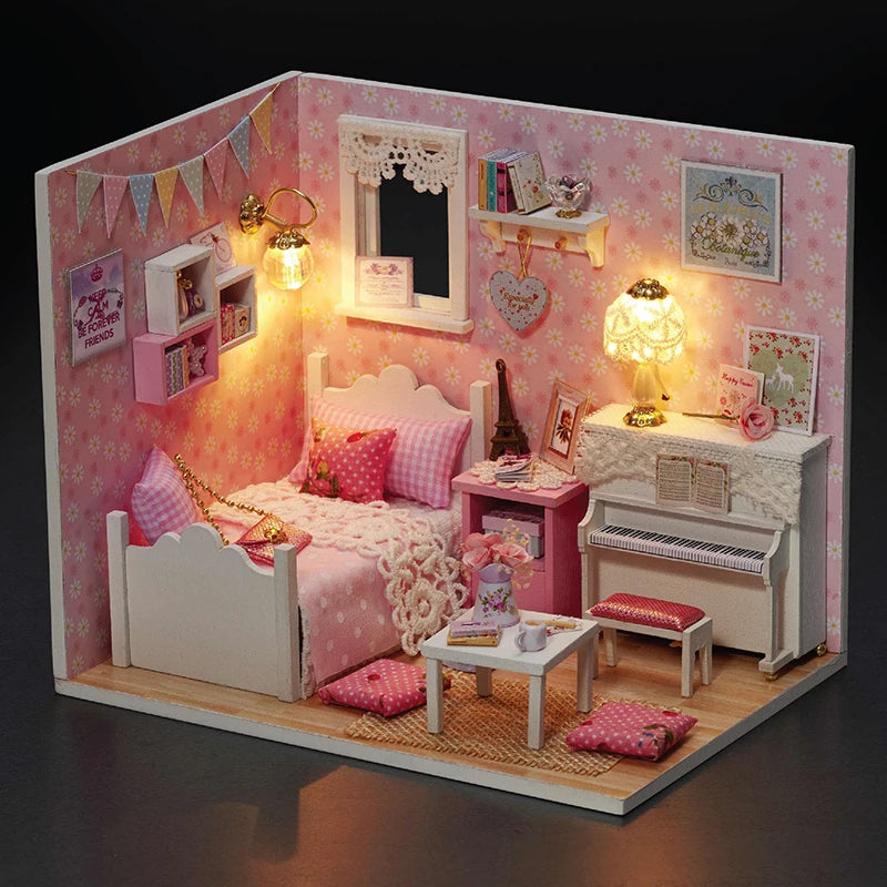 Kitten Mini Doll House Model Building Assembled House Home Kit Creative Room Bedroom Decoration with Furniture Birthday Gifts