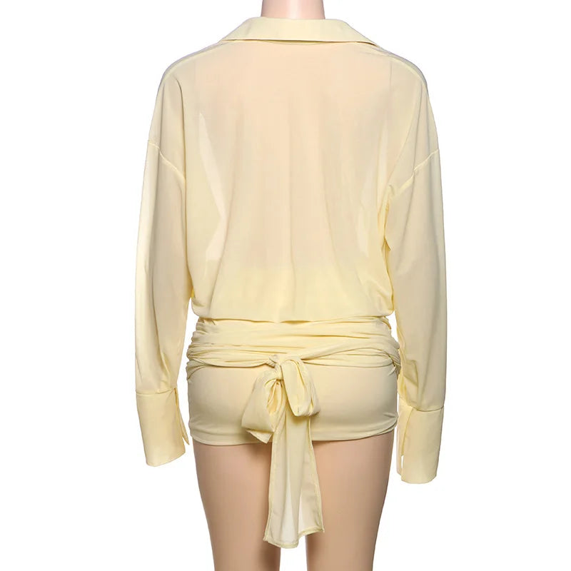 Yellow Button Up Office Shirt Dresses for Women 2025 Summer Fashion Lapel Long Sleeve Sexy Y2K Bandage Bodycon Mini Dress Ladies