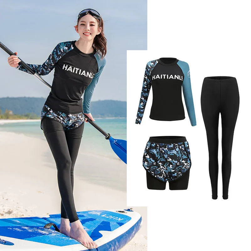 Women's 3pcs/set Printed Long Sleeve Rashguard UV Sun Protection Surf Shirt With Pants Shorts Full Body Bathing Suit Dive Skin