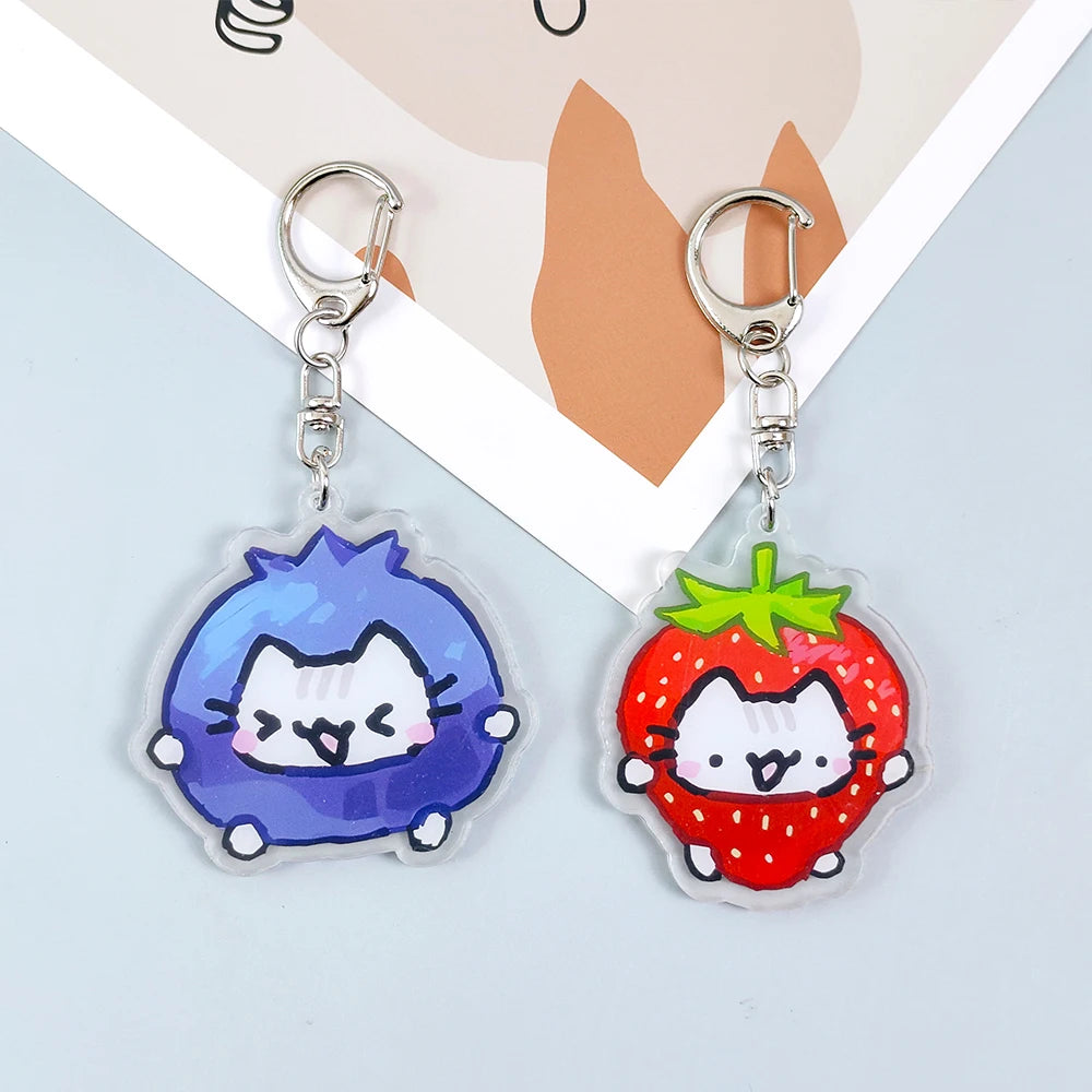 Lovely Pet Kitten with Flower Keychains Cartoon Strawberry Cat Keyring Creative Backpack Pendant Key Chain Fans Friends Gifts