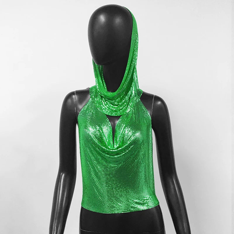 Women Metal Sequins Tank Top With Turban 2 Piece Sexy V Neck Backless Suspender Top Rave Festival Party Nightclub Camisole