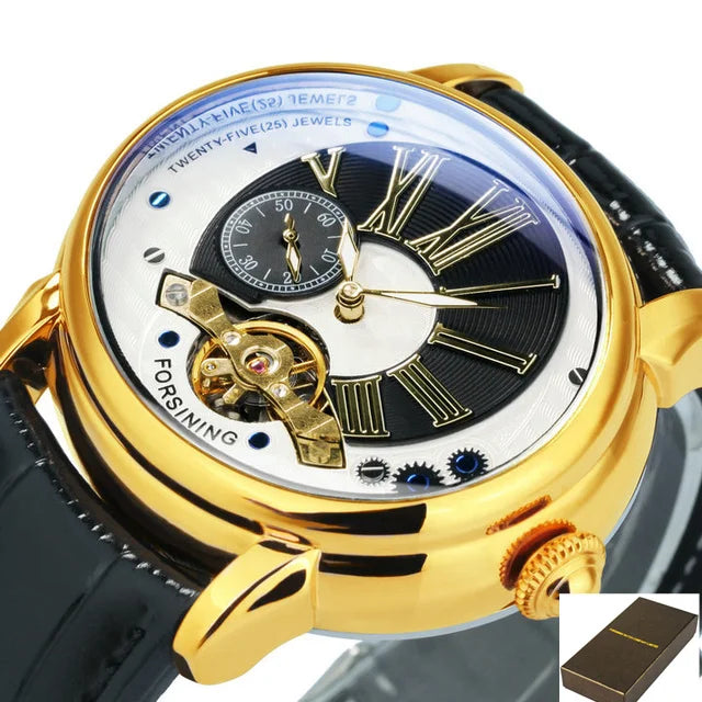 Forsining 367A Tourbillion Fashion Wave Black Golden Clock Roman Scale Mens Automatic Mechanical Watches Top Brand Luxury