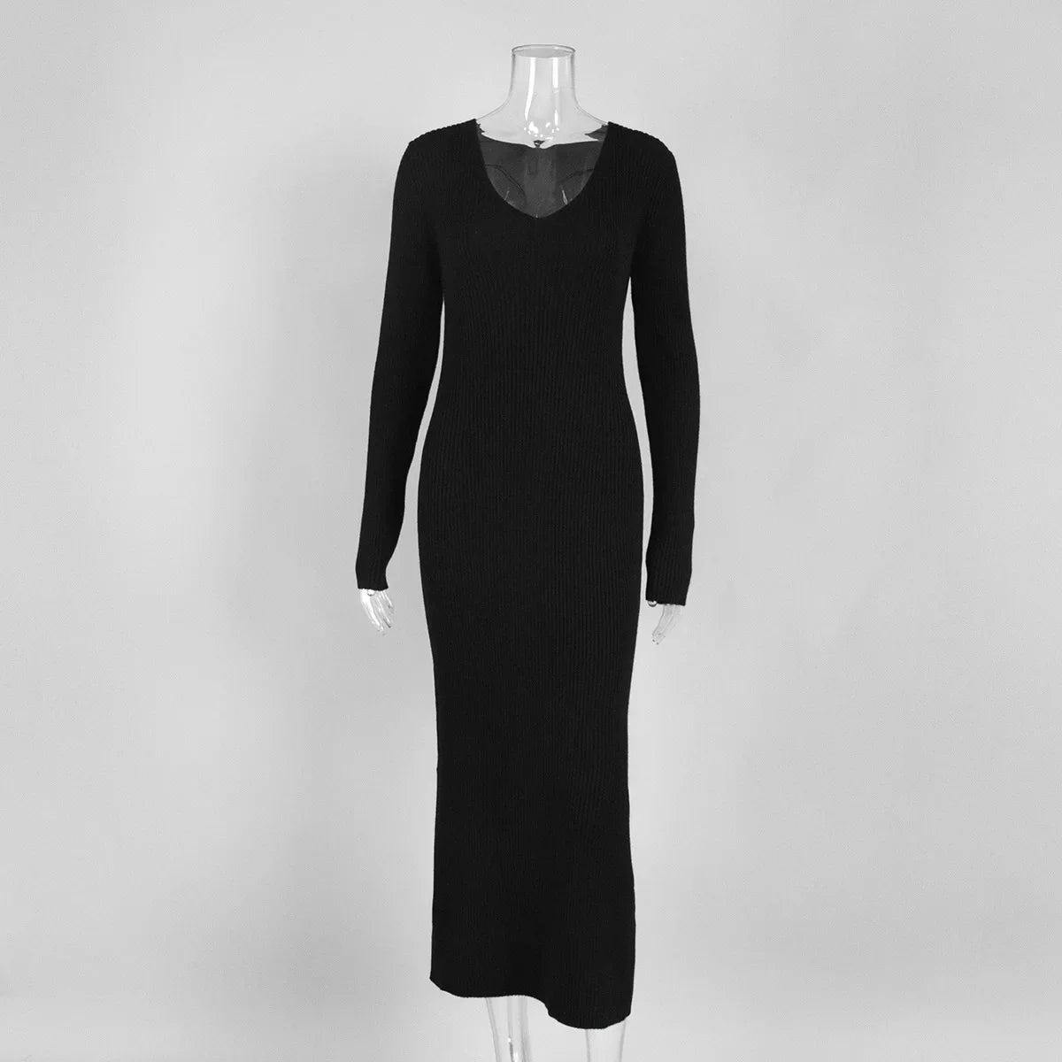 2025 Autumn Women's New Solid Color Long Sleeve V-neck Slim Bodycon Knitted Maxi Dress Trendy Elegant Fashion Sexy Dresses