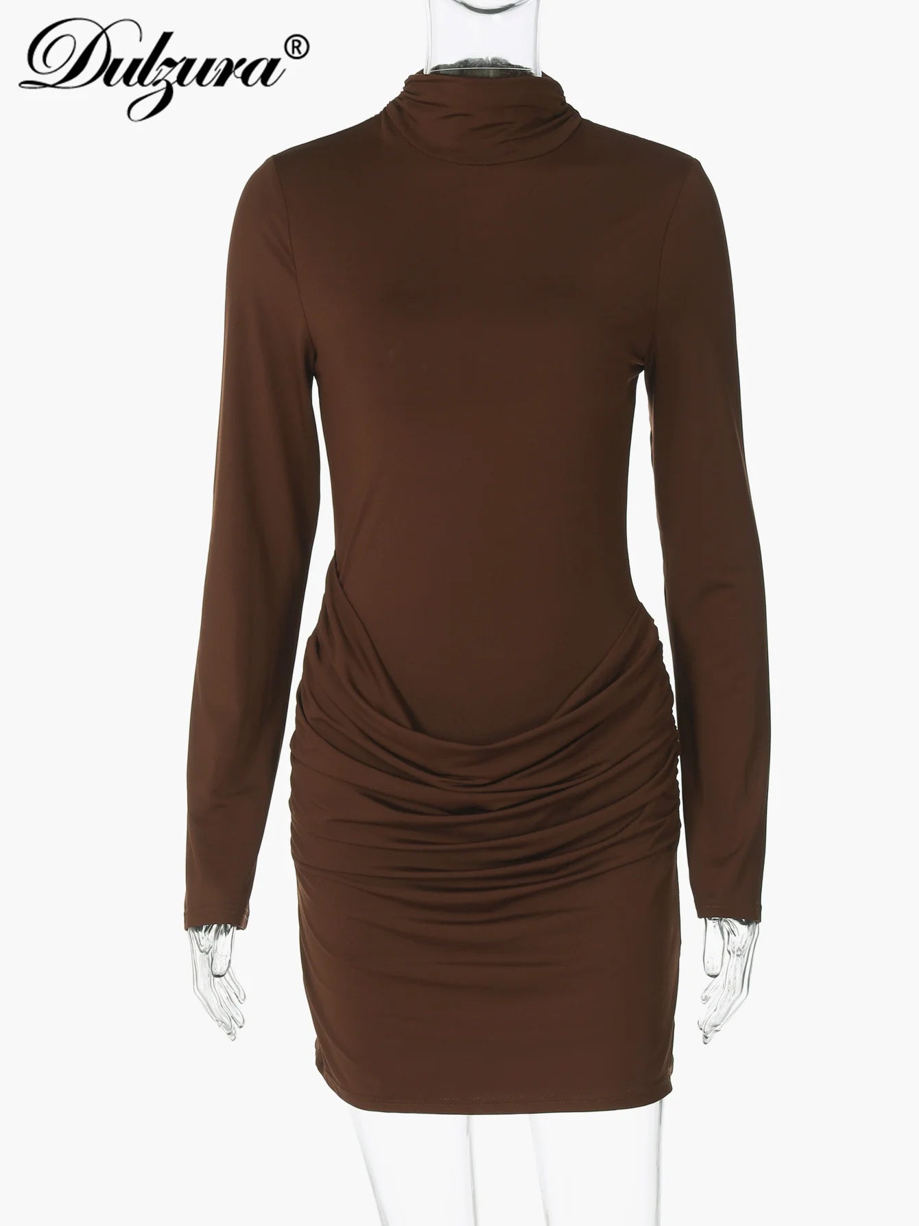 Dulzura O-Neck Long Sleeve Bodycon Ruched Zipper Mini Dress Ladies Solid Sexy Casual Short Dress Party Club Street Summer Outfit