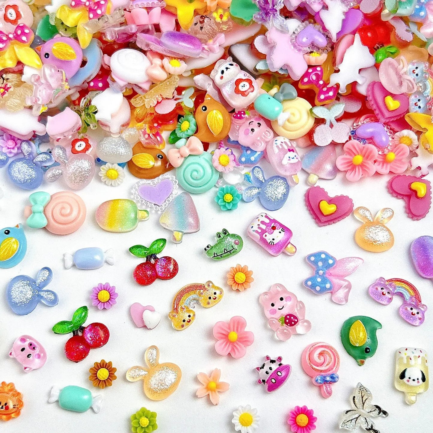 100PCS Random Mixed Strawberry Flowers Nail Charms Sweet Resin Flatback Moon Nail Art Decoration Accessories Manicure DIY