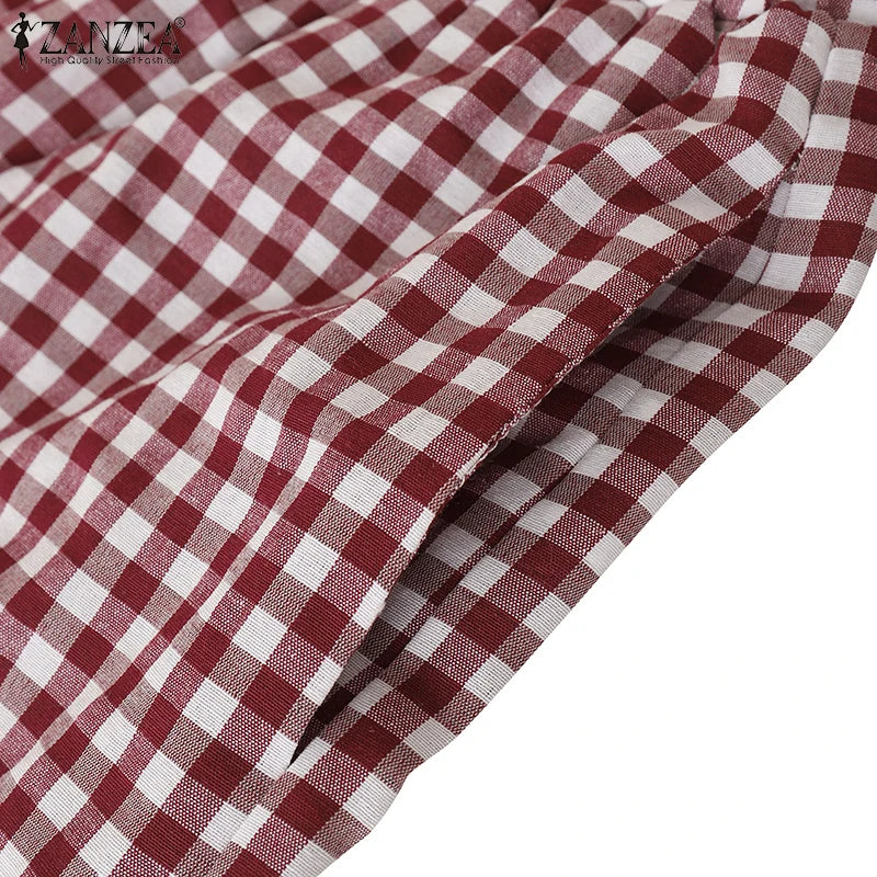 ZANZEA 2025 Plaid Pants Women Fashion Lantern Pants Casual Loose Long Trouser Summer Pockets Elastic Waist Bottoms Oversized