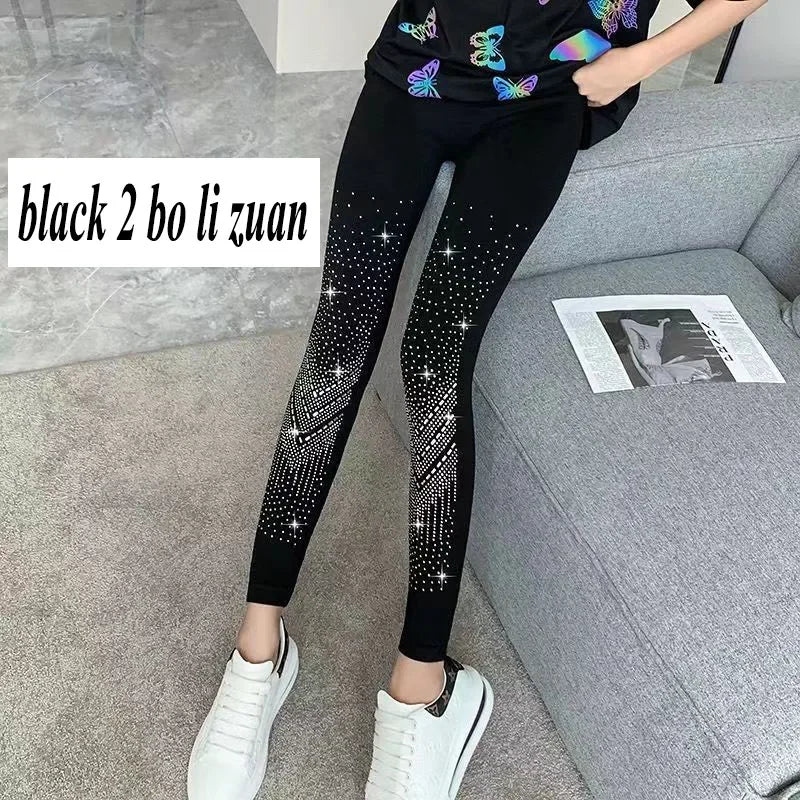 Xpqbb Black Stretch Rhinestone Skinny Leggings Women Autumn Winter Thick Velvet Ankle-Length Pants Tide Elasticit Shinny Legging