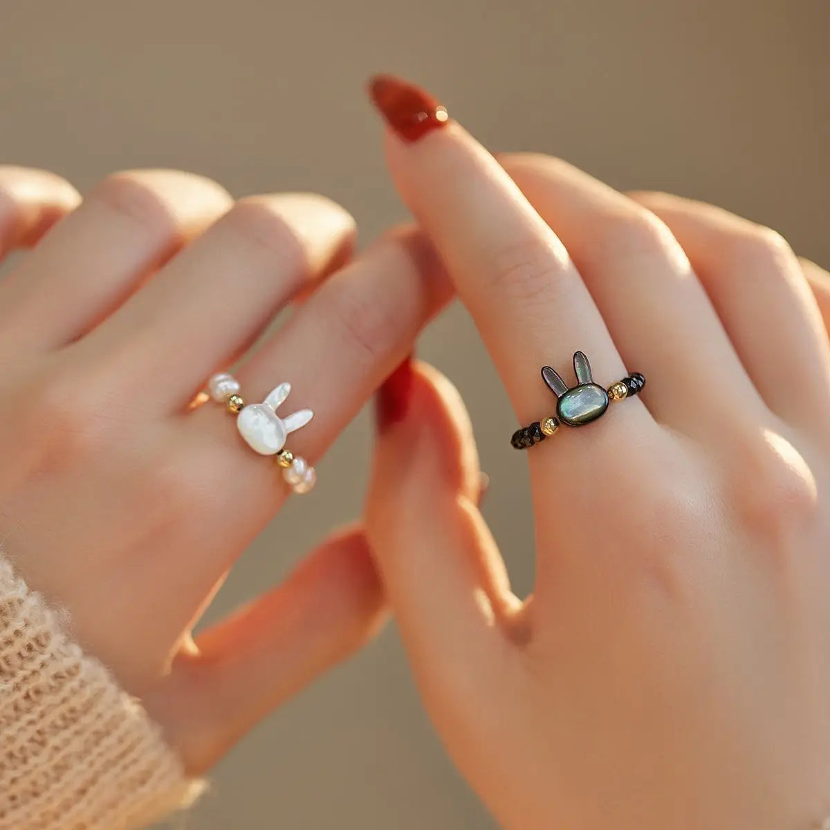 2pcs Natural Moonstone Obsidian Rings Beads Minimalist Ring Cute Black White Cat Ring Women Men Party Accessories Jewelry