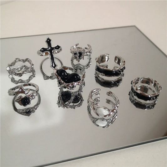 パンク 原宿 ゴス ソーンズ ブラック シルバーカラー イレギュラー ハート クロス オープンリング レディース メンズ 恋人 ヴィンテージ 90年代 Y2K グランジ ジュエリー