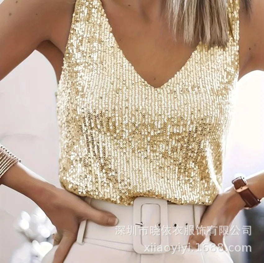 Women Vest Top Sequin Sexy Tops Vests Sleeveless V Neck Backless Camis Elegant Splice Casual Streetwear 2025 Fashion Tanks