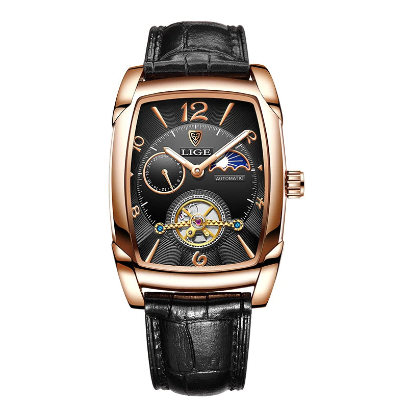 LIGE Fashion Mens Watches Top Brand Luxury Leather Military Waterproof Mechanical Wristwatch Casual Sports Tourbillon Watch Men