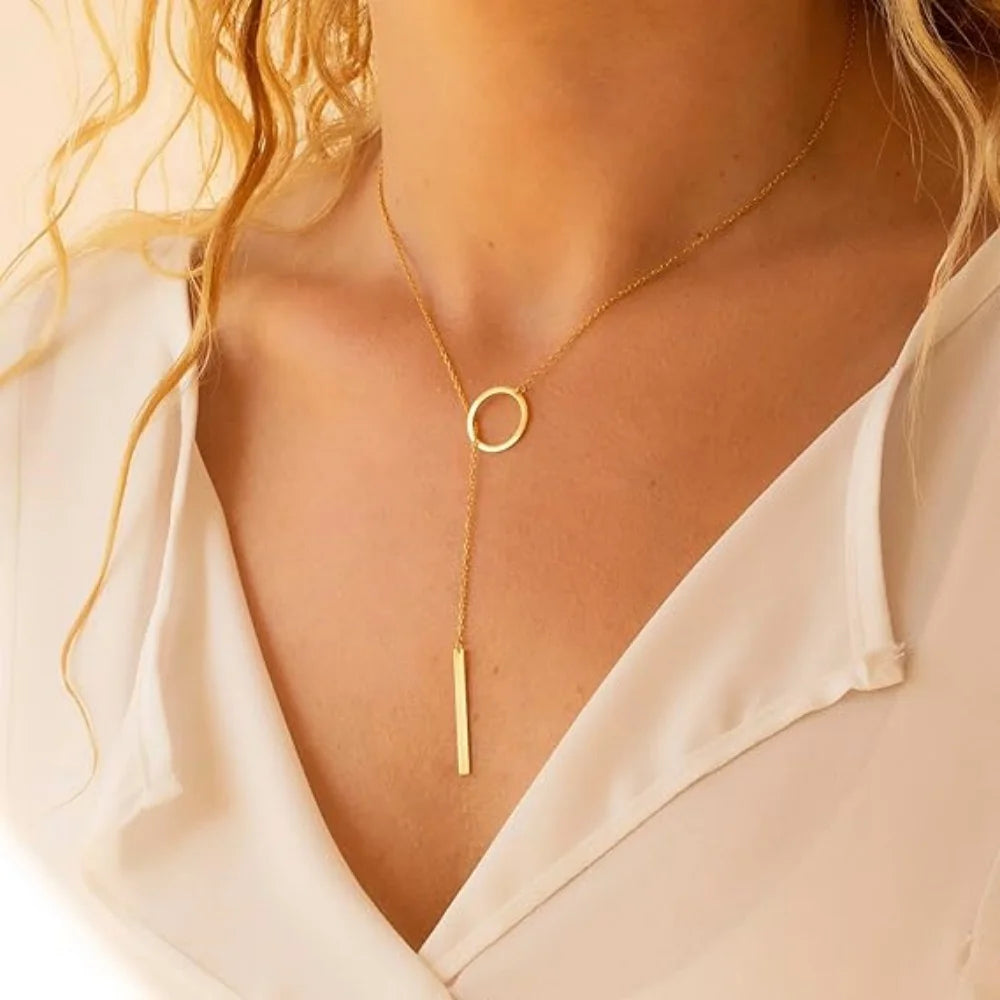 MEDFOLY Lariat Necklace for Women Dainty 14k Gold Plated Simple Sweater O-Chain Pendant Y Necklace Fashion Summer Jewelry Gifts