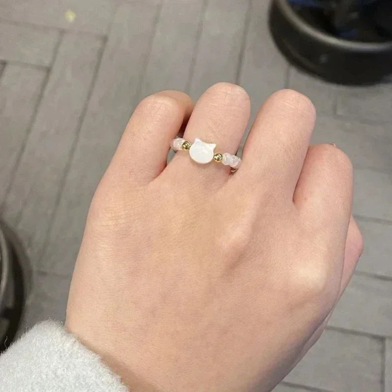 2pcs Natural Moonstone Obsidian Rings Beads Minimalist Ring Cute Black White Cat Ring Women Men Party Accessories Jewelry
