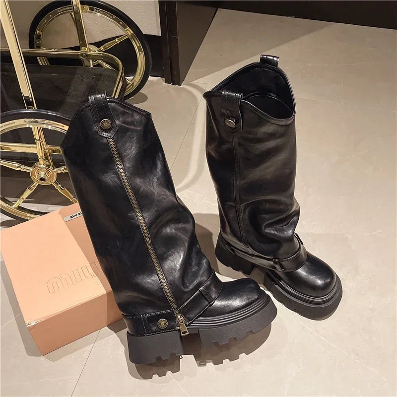 Women's Boots 2025 New Style Retro High Western Boots for Autumn and Winter Fashion Versatile Female Knight Boots