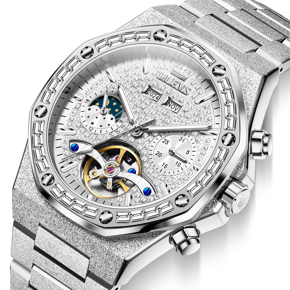 OLEVS Gold Steel Mens Watches Top Brand Automatic Mechanical Luxury Watch Sport Waterproof Tourbillon Wrist Watch Reloj Hombre