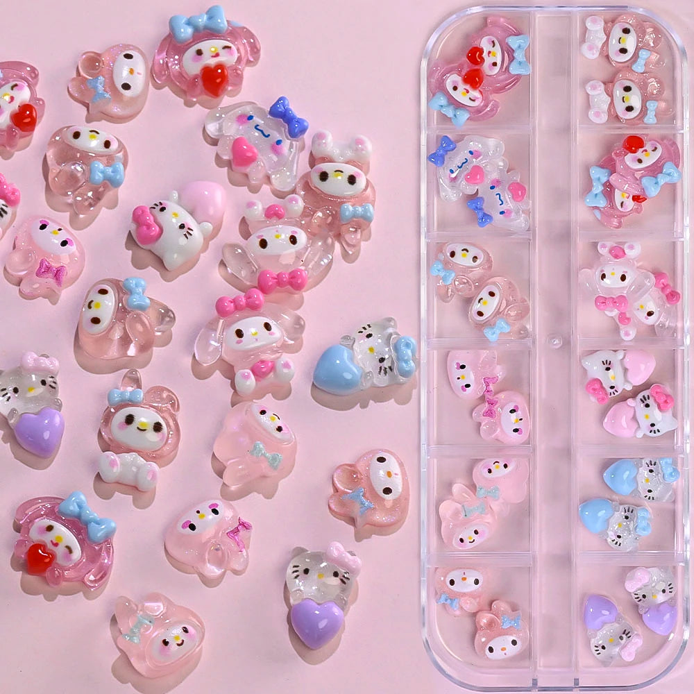 12Grids Summer Black Skin Hello Kitty Nail Charms 3D Pink Bows Hello Kitty Nail Art Rhinestone Cute Cartoon DIY Nail Accessories