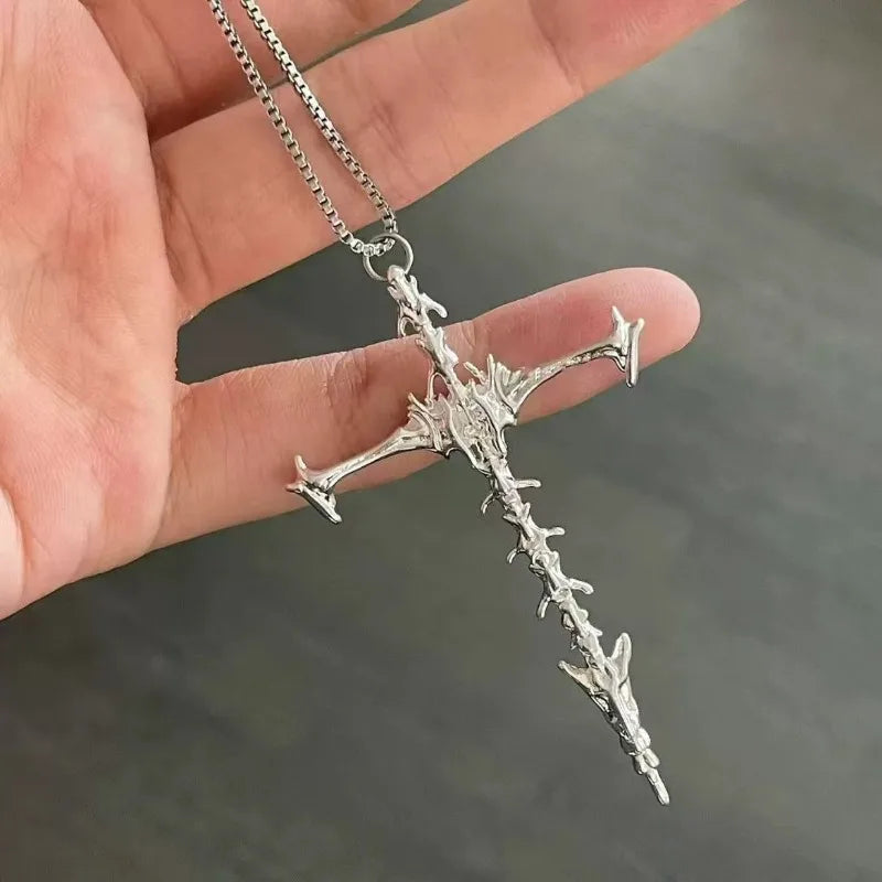 1/2Pcs Unisex Cross Pendant Necklace for Men Women Punk Silver Black Hip Hop Gothic Punk Long Pendant Necklace Jewelry Accessory