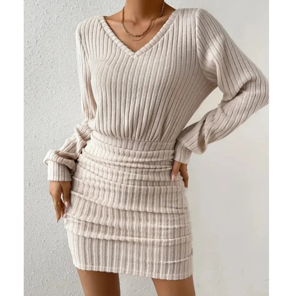 Women V Neck Ribbed Sweater Dress Y2K Long Sleeve Slim Bodycon Knitted Dresses Ladies Short Bodycon Dresses