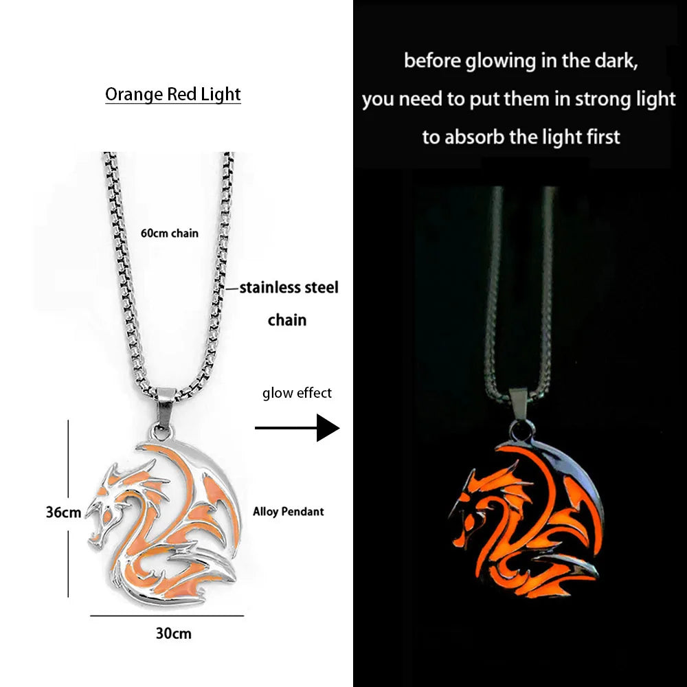 Hiphop Rock Stainless Steel Chain Luminous Alloy Dragon Pendant Glowing Necklace Night Dance Disc Glow In The Dark Necklace