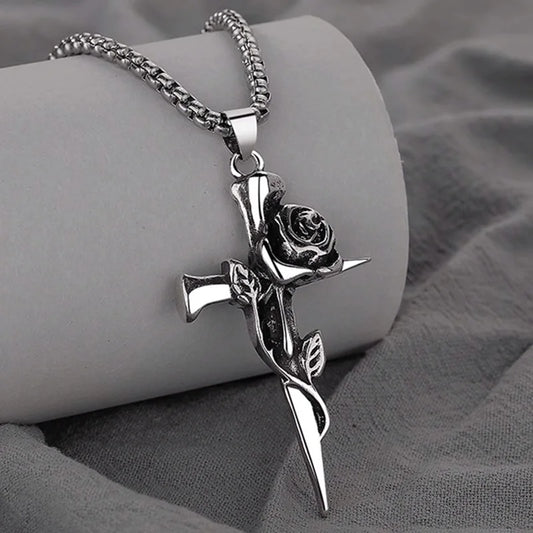 1Pcs Vintage Rose Cross Pendant Necklace For Women Men Stainless Steel Chain Punk Goth Trendy Accessories Choker Gothic Jewelry