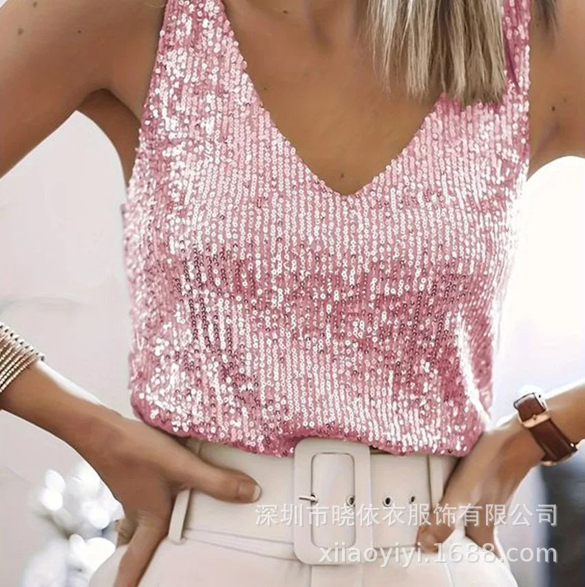 Women Vest Top Sequin Sexy Tops Vests Sleeveless V Neck Backless Camis Elegant Splice Casual Streetwear 2025 Fashion Tanks