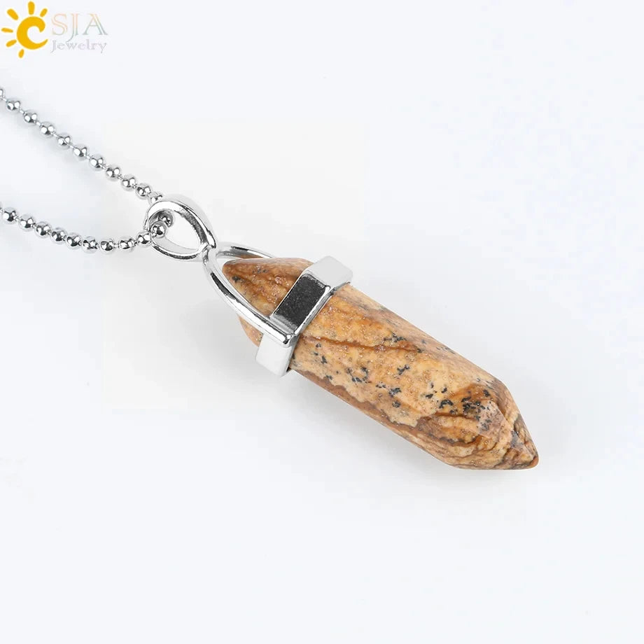 CSJA Hexagonal Bullet Crystal Necklaces Natural Gem Stone Quartz Necklace Pendant Chakra Amethysts Pink Quartz Lapis Lazuli G957