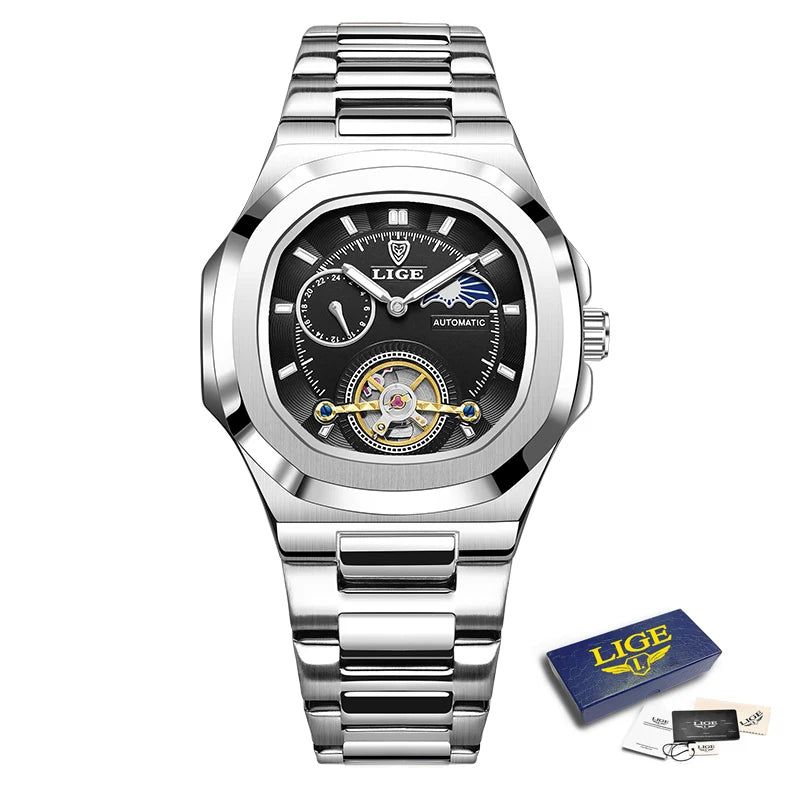 LIGE 2024 Automatic Mens Watch Fashion Stainless Steel Luxury Watches Men Waterproof Luminous Tourbillon Wristwatch Reloj Hombre