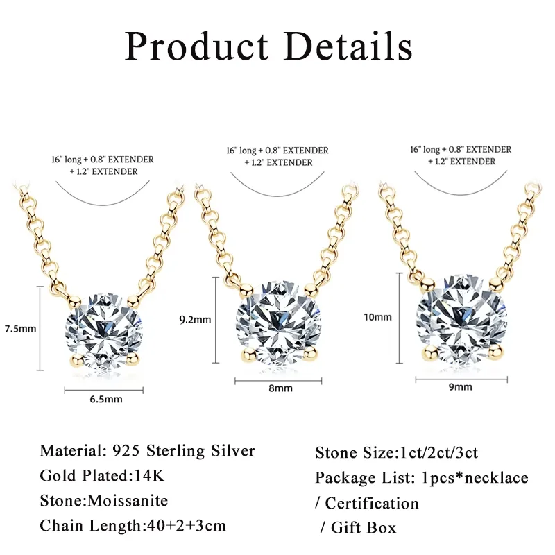 Lnngy 1CT 2CT 3CT Moissanite Pendant Necklace For Women s925 Sterling Silver Solitaire Drop Necklaces Certified Jewelry Gift