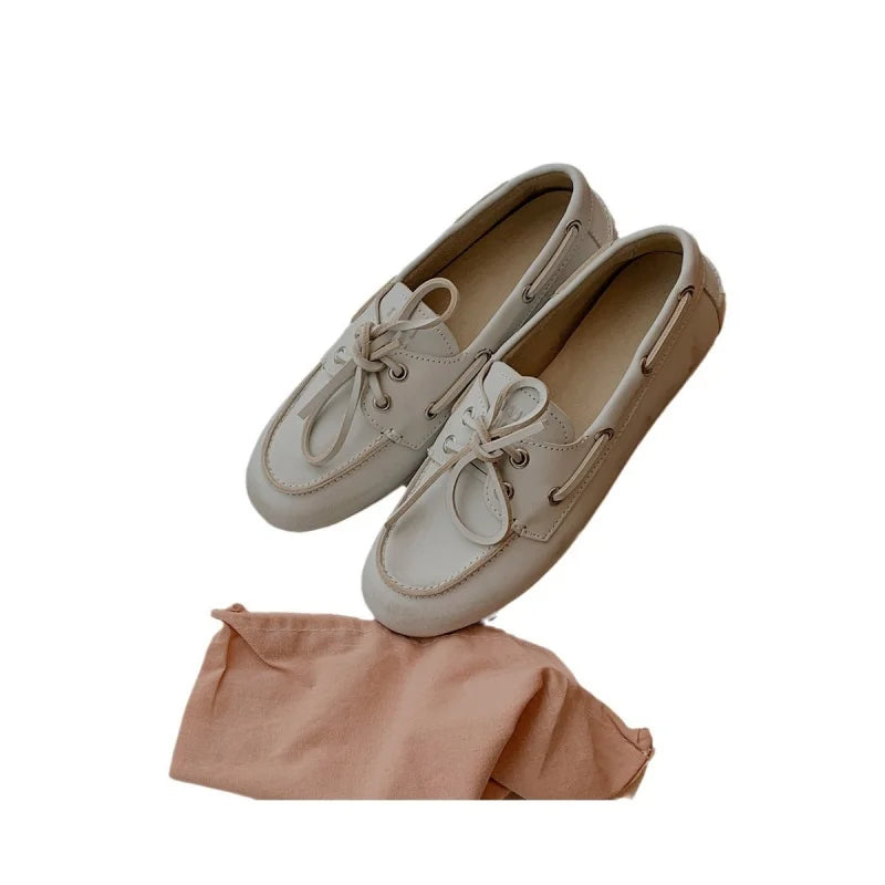 Women's Loafers Shoes Genuine Leather High Quality Round Toe Soft Bottom Flat Shoes Lace Up Breathable Ladies Casual Shoes 2025