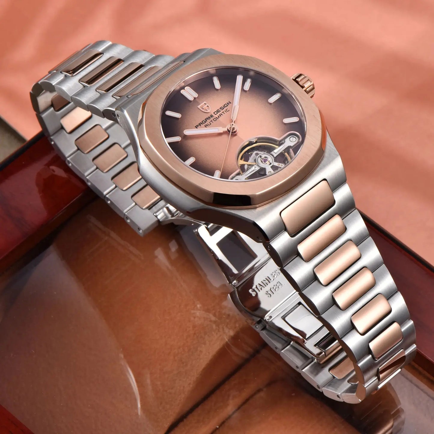PAGANI DESIGN Men's Watches Rose Gold Skeleton Tourbillon Automatic Watch For Men Stainless steel Fashion Mechanical Wristwatch